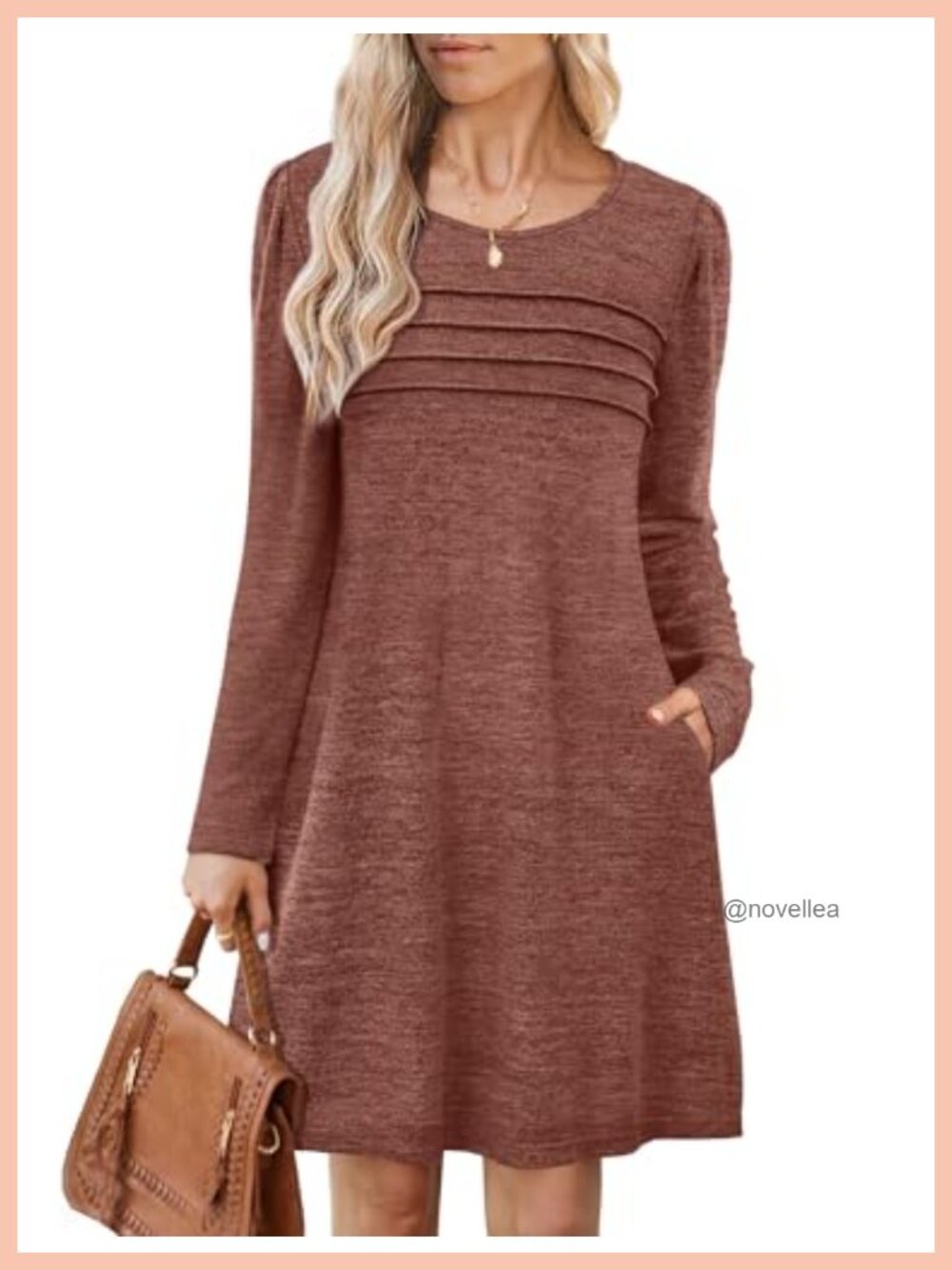Long Sleeve Tunic Sweater Dress Pleated Front with Pockets Knee Length